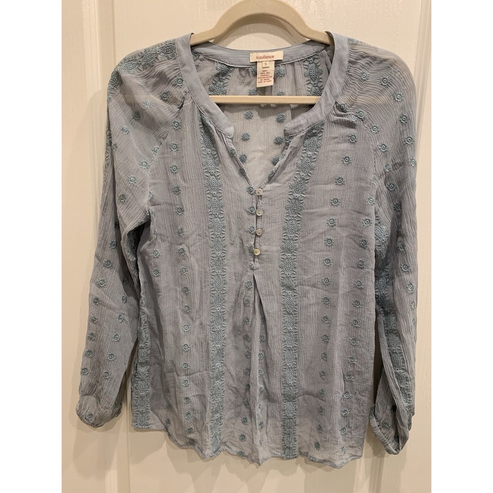 Sundance Long Sleeve Sheer Blouse Peasant 100% Silk Floral Embroidered Sz S‎